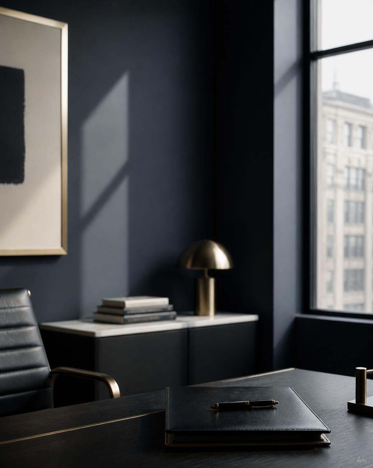 Quiet executive office interior with a leather folio and fountain pen on a dark desk